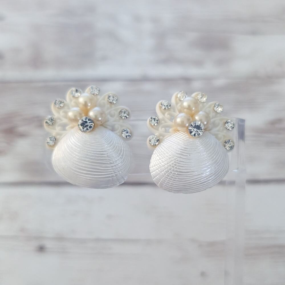 Vintage Clip On Earrings Shell with Faux Pearl & Clear Gems